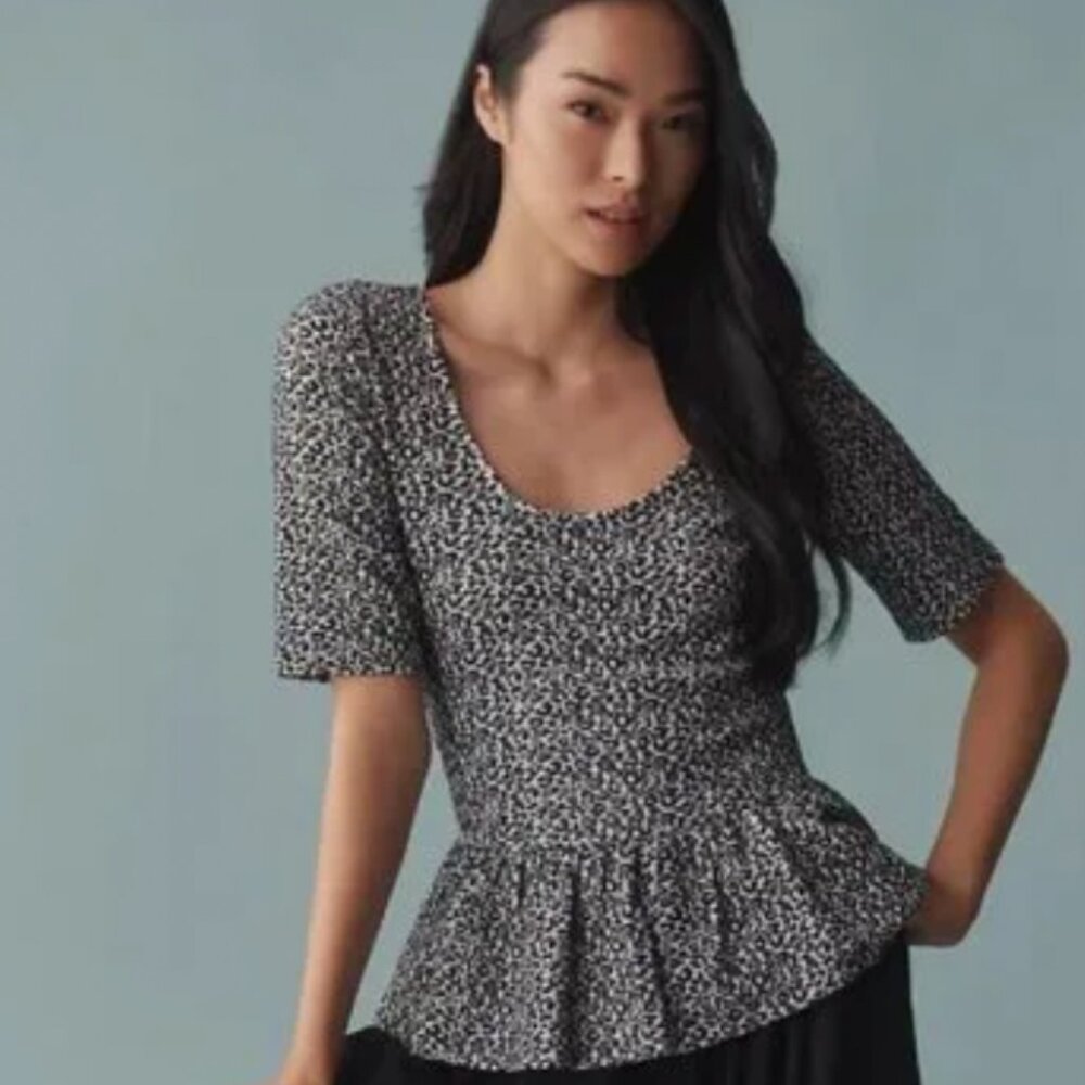 NWT AMAEVE ANTHROPOLOGIE--SMALL--PEPLUM SCOOP-NECK TOP--BLACK WHITE